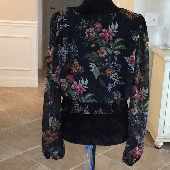 HAVER London floral print smocked waist top, black background, size large - Picture 10 of 11